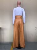 Plus Size PU Leather High Waist Belted Wide Leg Pants OD-8392