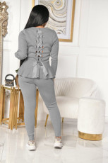 Solid Long Sleeve Lace Up 2 Piece Pants Set TR-1085