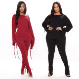 Solid Long Sleeve Lace Up Two Piece Pants Set LSL-6394