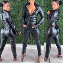 Sexy PU Leather Lace Up Long Sleeve 2 Piece Sets MEM-8308