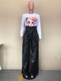 Plus Size PU Leather High Waist Belted Wide Leg Pants OD-8392