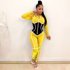Casual Sports Patchwork Hooded Zipper Jumpsuits MEI-9125