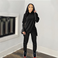Solid Irregular Hooded Long Sleeve 2 Piece Suits MDF-5184