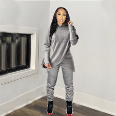 Solid Irregular Hooded Long Sleeve 2 Piece Suits MDF-5184