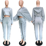 Solid Tassel Hooded Long Sleeve 2 Piece Pants Set BGN-126