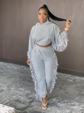 Solid Tassel Hooded Long Sleeve 2 Piece Pants Set BGN-126