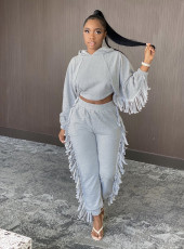 Solid Tassel Hooded Long Sleeve 2 Piece Pants Set BGN-126