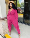 Solid V Neck Long Sleeve Two Piece Pants Set MEM-8311