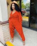 Solid V Neck Long Sleeve Two Piece Pants Set MEM-8311