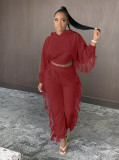 Solid Tassel Hooded Long Sleeve 2 Piece Pants Set BGN-126