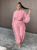 Solid Tassel Hooded Long Sleeve 2 Piece Pants Set BGN-126