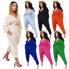 Solid V Neck Long Sleeve Two Piece Pants Set MEM-8311