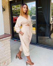 Solid V Neck Long Sleeve Two Piece Pants Set MEM-8311