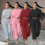 Solid Tassel Hooded Long Sleeve 2 Piece Pants Set BGN-126
