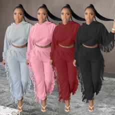 Solid Tassel Hooded Long Sleeve 2 Piece Pants Set BGN-126
