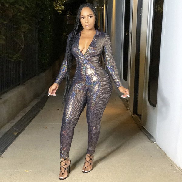 Sexy V Neck Long Sleeve One Piece Jumpsuit FENF-030