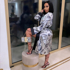 Sexy Loose Dollar Print Full Sleeve Nightgown Midi Dress SFY-186