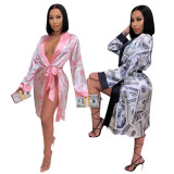 Sexy Loose Dollar Print Full Sleeve Nightgown Midi Dress SFY-186