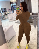 Solid Long Sleeve Rib Tops+Plush Pants Two Piece Suits NIK-191