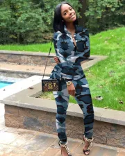Plus Size Casual Camouflage Print Long Sleeve Blouse And Pants Two Piece Set MTY-6236