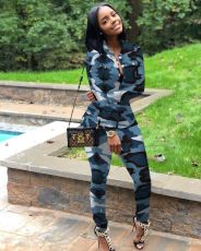 Plus Size Casual Camouflage Print Long Sleeve Blouse And Pants Two Piece Set MTY-6236