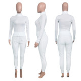 Solid Long Sleeve Rib Tops+Plush Pants Two Piece Suits NIK-191