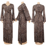 Sexy Leopard High Waist V Neck Sashes Split Maxi Dress SFY-188