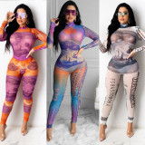 Sexy Dollar Print Mesh Long Sleeve Jumpsuits CHY-1287