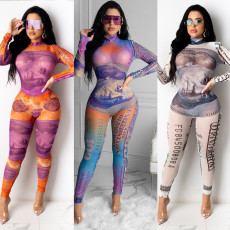 Sexy Dollar Print Mesh Long Sleeve Jumpsuits CHY-1287