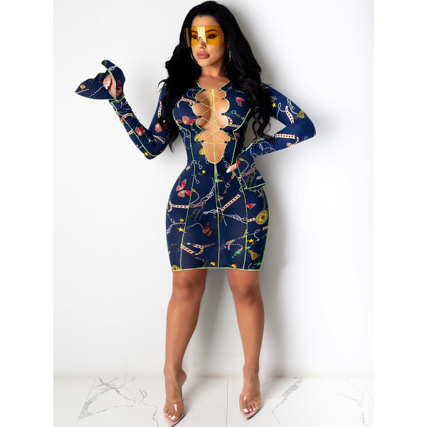 Sexy Printed V Neck Lace Up Flare Sleeve Mini Dress CHY-1280