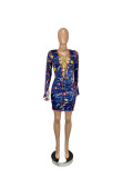 Sexy Printed V Neck Lace Up Flare Sleeve Mini Dress CHY-1280
