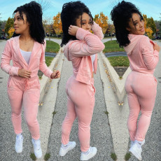 Solid Hooded Zipper Long Sleeve 2 Piece Pants Set BGN-129