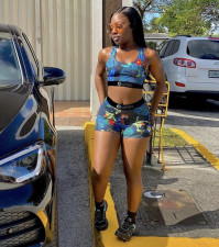 Fashion Print Sports Fitness Vest And Shorts Two Piece Set OLYF-6020