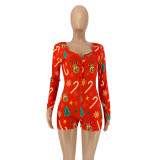 Long Sleeve Button Christmas Print Romper OSIF-20885