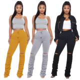 Casual Solid Hole Stacked Pants LX-6139