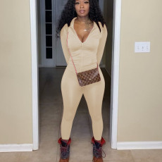 Casual Solid Long Sleeve Zipper Two Piece Pants Set MOF-5193
