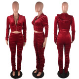 Solid Velvet Hooded Long Sleeve Stacked Pants 2 Piece Sets LX-6140