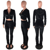 Solid Velvet Hooded Long Sleeve Stacked Pants 2 Piece Sets LX-6140