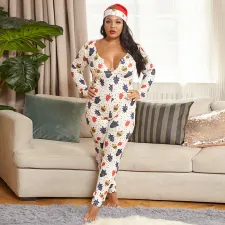 Plus Size 5XL White Tight Sexy Printed Christmas Jumpsuit OSIF-20884-1