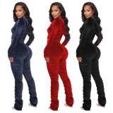 Solid Velvet Hooded Long Sleeve Stacked Pants 2 Piece Sets LX-6140
