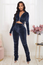Solid Velvet Hooded Long Sleeve Stacked Pants 2 Piece Sets LX-6140