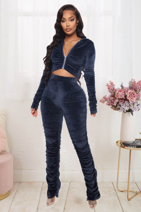 Solid Velvet Hooded Long Sleeve Stacked Pants 2 Piece Sets LX-6140