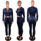 Solid Velvet Hooded Long Sleeve Stacked Pants 2 Piece Sets LX-6140