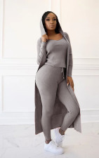 Solid Tank Top+Hooded Long Cloak+Pants 3 Piece Sets TR-1089