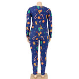  Plus Size Christmas Print Skinny Sexy Buttons Jumpsuit OSIF-20887-1