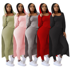 Solid Tank Top+Hooded Long Cloak+Pants 3 Piece Sets TR-1089