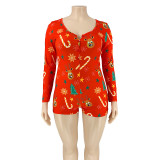 Plus Size 5XL Long Sleeve Button Christmas Print Romper OSIF-20885-1