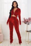 Solid Velvet Hooded Long Sleeve Stacked Pants 2 Piece Sets LX-6140