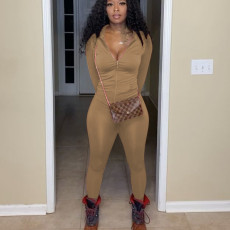 Casual Solid Long Sleeve Zipper Two Piece Pants Set MOF-5193
