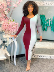 Contrast Color Long Sleeve Maxi Dress MEI-9127